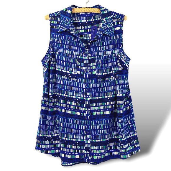 Apt. 9 Blouse Women's Sz 0X Blue Abstract Print Sleeveless Button-Up Top NEW - Picture 1 of 8